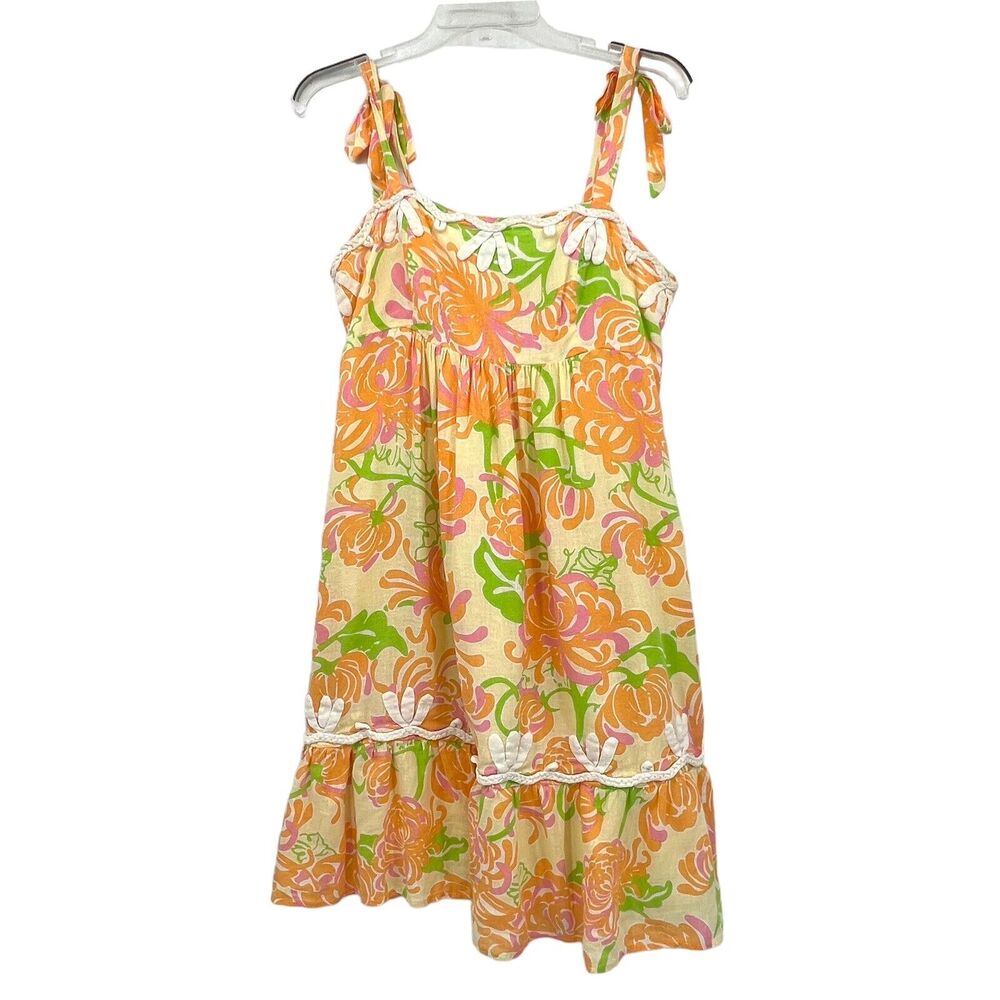 Lilly Pulitzer Linen Floral White Appliques‎ Tie Strap Sun Dress Smocked Sz 10